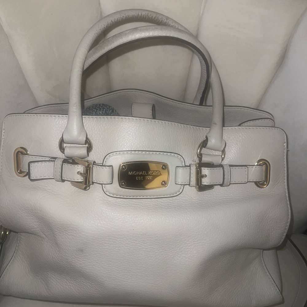 Michael Kors White Satchel with Textured Leather and Gold Clasp